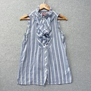 Juicy Couture Shirt Womens 2 Blue Stripes Button Up Office Siren Y2K Ruffles
